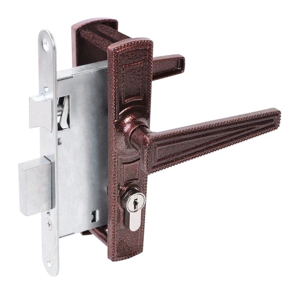 Фото Замок врезной цилиндровый с защёлкой в комплекте с ручкой ЗВ4-3/01 (медь антик), 4 кл.